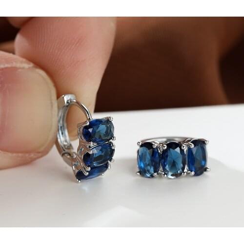 Dainty White Gold Zircon Earrings for Women Fashion Blue Oval CZ Gemstone Hoop Earrings Female Ear Buckle Birthday Jewelry Gift