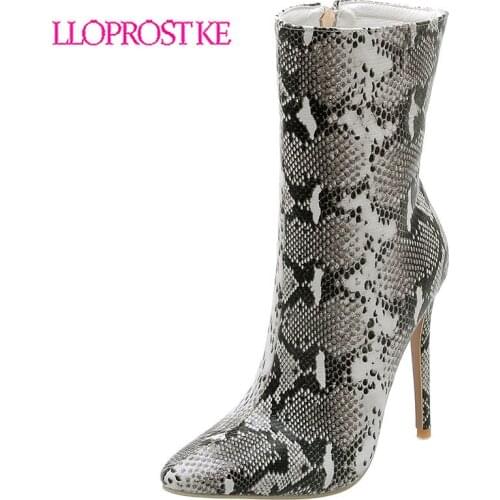 Lloprost ke Fashion Snake Veins Ankle Boots For Women Sexy Thin High Heels Boots Woman Pointed Toe Shoes Women Plus Size 48 H660