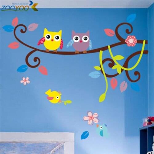 Wise owls on colorful tree wall stickers for kids rooms animal decorative adesivo de parede removable pvc wall decal 1016