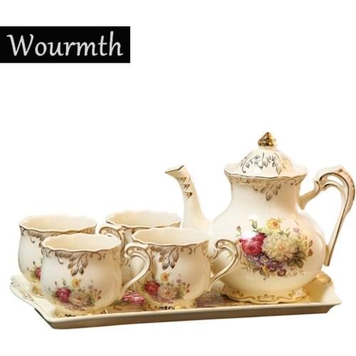 Wourmth European Large Capacity Coffee Pot and Cups Set Ceramic Tray Hand-painted Phnom penh Teacup Coffeware Set Porcelain Gift