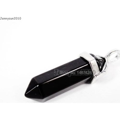 Natural Black Onyx Gems Stones Hexagonal Pointed Healing Reiki Chakra Pendant Beads Necklace Earrings Jewelry Making 10Pcs/Pack