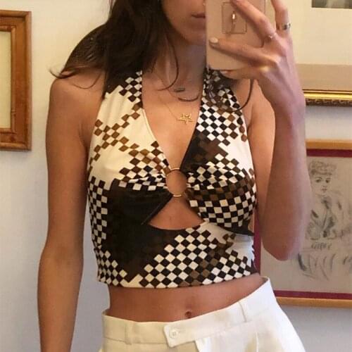Printed Sexy Halter Crop Top Women Camis Backless Bandage Lace Up Hollow Out Metal Ring Tank Top 2021 Party Club