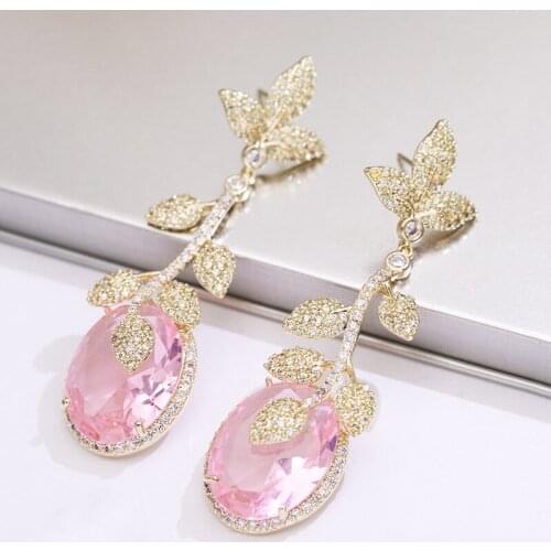 Luxury Long Leaf Flower Earrings For Women Yellow Pink Large Zircon Pendant Aesthetics S925 Pin Jewelry Gift Hanging Earringrin