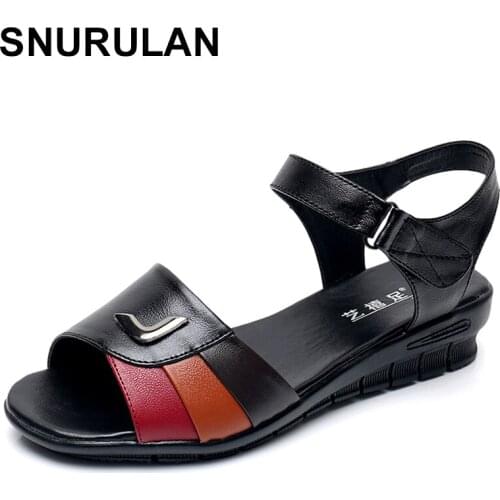 SNURULAN2020 Summer Women Shoes Woman Genuine Leather Sandals Open Toe Flat Mother Casual Sandals Women Sandals