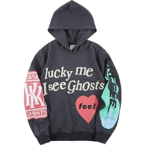 Kanye West Hoodie Lucky Me I See Ghosts Sweatshirts Hip Hop Pullover Hooded Hoodies Grey