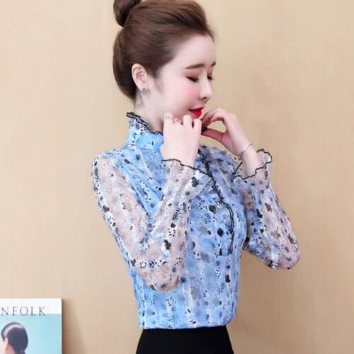 Spring Autumn Style Women Chiffon Blouses Shirts Lady Casual Stand Collar Lace Decor Long Sleeve Chiffon Blusas Tops DD8994
