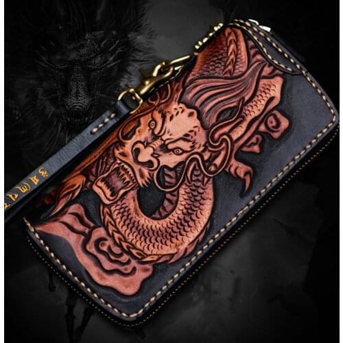 High-grade Handmade Carving Dragon Wallets Zipper Purses Men Long Clutch Vegetable Tanned Leather Wallet Card Holder