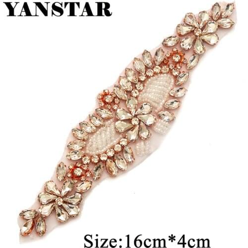 YANSTAR (2pcs) Crystal Silver Rhinestone Appliques For Wedding Dresses Iron On Wedding Bridal Sashes DIY Bridal Belt YS873