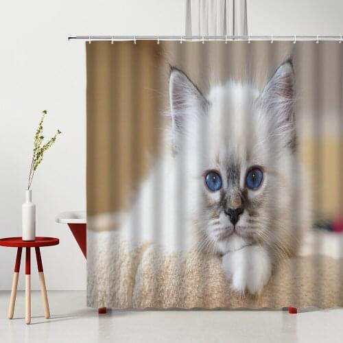 Cute White Cat Shower Curtain 3D Funny Animal Dog Pattern Washable Bathroom Decor Set Plant Dandelion Bath Curtains With Hooks