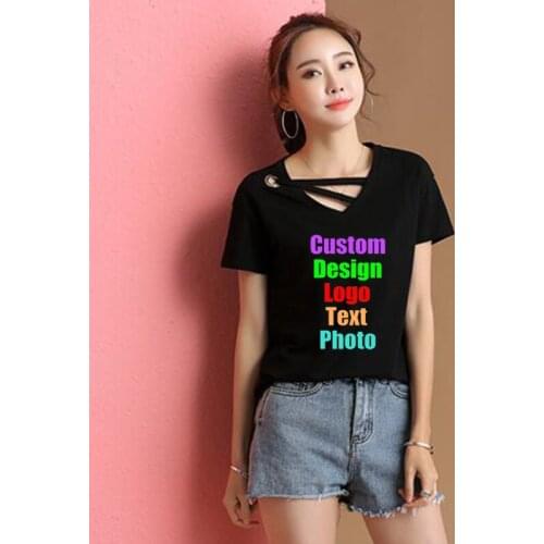 2019 fashion customized Personalized v-neck design logo text Photo printed of womens short t-shirts top