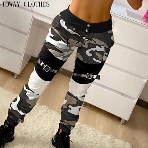 Women Buckle Camouflage Print Cargo Pants Long Patchwork Causal Pants
