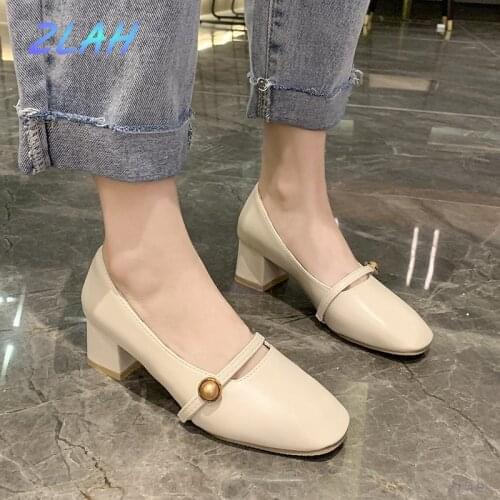 New Fashion Womens Shoes Square Toe Mary Jane Shoes Zlah Square Heel Dress Shoes Pearl Buckle High Heels Women Shoes