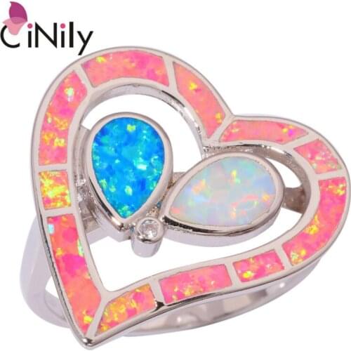 CiNily Created Pink Blue White Fire Opal Cubic Zirconia Silver Plated Ring Wholesale Heart Women Jewelry Ring Size 7 8 9 OJ8993
