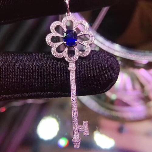 Elegant Lovely Key Clover Natural blue sapphire Pendant necklace S925 silver Natural gemstone necklace women girl party jewelery