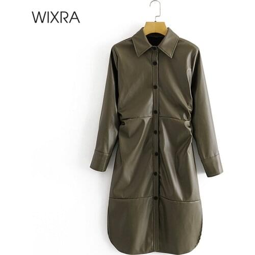 Wixra Womens Pu Dress Full Sleeve Turn Down Collar High Street Club Mid Calf Clothing Spring Autumn New