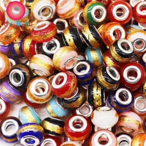 10pcs Mixed Gold Color Glitter 15x9mm Big Hole European Spacer Beads Silver Plated Core Fit Pandora Bracelet DIY Women Jewelry