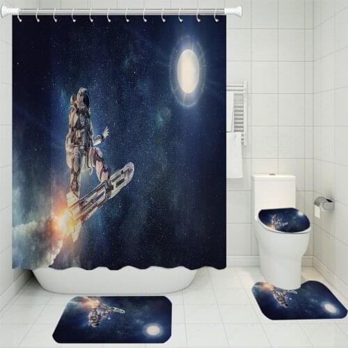 4 Pieces Astronaunt Shower Curtain Sets 3D Print Planet Moon Bathroom Curtain Sets Comfortable And Soft Bathroom Decoration