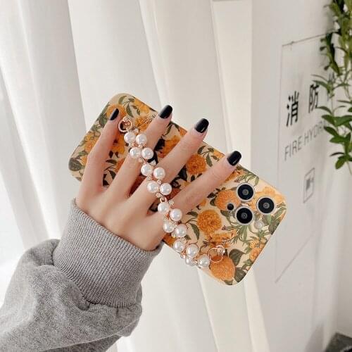 Retro Orange Flower Floral Phone Case For iphone 12 Pro 11Pro Max XS 7 8 Plus X XR Pearl bracelet Wrist Chian Strap shining Case