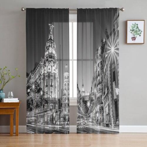 Night City Black White Sheer Window Curtains for Living Room Bedroom Girls Room Decoration Tulle Curtains