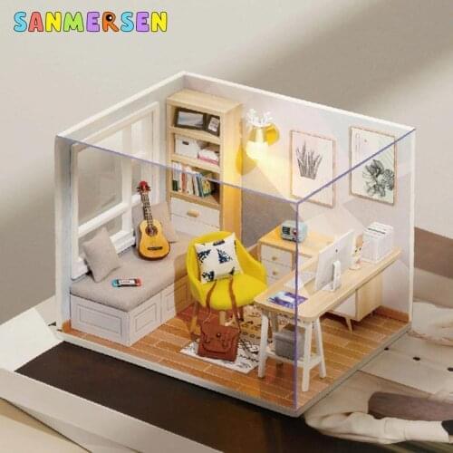 1:32 DIY Dollhouse Wooden Doll Houses Sun Room Building Miniature Doll House Furniture Kit LED Toys for Girls Birthday Gifts