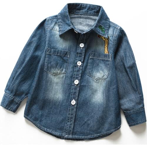 Girl Jeans Shirt childrens clothing Spring/Summer kids denim cotton long sleeved shirts Boy Denim Button Front Chest Pockets