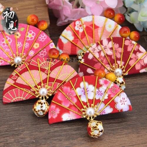 Kimono Hanfu Headdress Retro Cloth Art Bell Fan Cherry Blossom Hairpin Cosplay Tsumami Kanzashi Yukata Sakura Hair Accessories