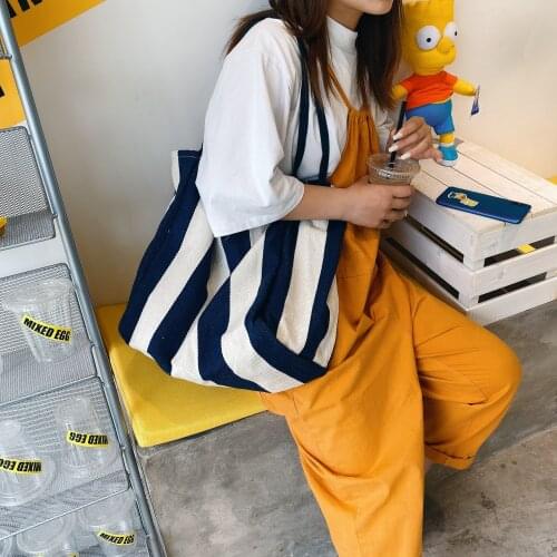 Classical Striped Canvas Tote Shoulder Bag High Capacity Female Large Casual Top-handle Bag 2021 Shopper Shopping Bag