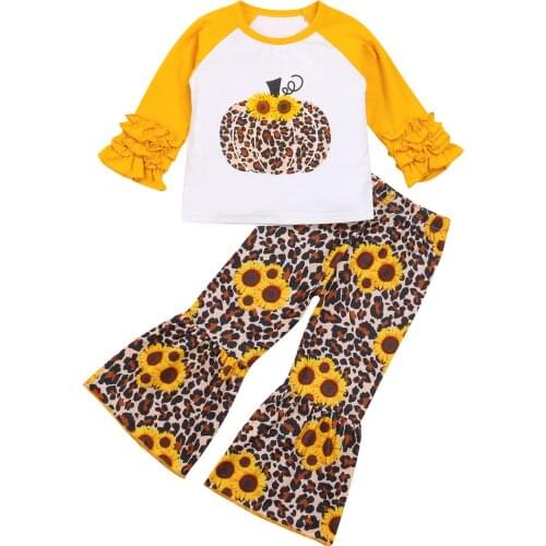 New 2 Pieces Kids Suit Set, Sunflower Leopard Print O-Neck Long Sleeve Tops+ Flared Trousers for Toddler Girls, 6 Month-4 Years