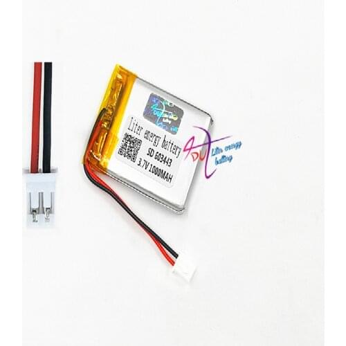 JST 2.0mm 2pin 3.7V 1000mAh battery with connector Lithium Polymer Li-Po Rechargeable Battery 603443 Cell For Mp3 GPS Speaker