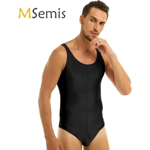 Mens Lingerie Bodysuit One-piece Sleeveless Scoop Neck Stretch Solid Smooth Leotard Bikini Thongs Bodysuit Underwear