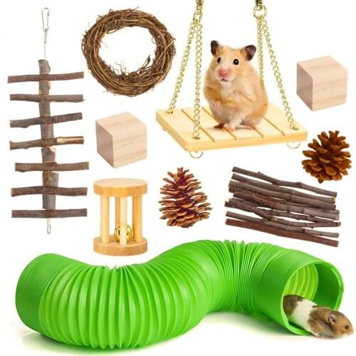 10PCS Hamster Chew Toy Set Fun Natural Wooden Hamster Molar Toys Small Pet Teeth Grinding Toys Funny Tunnel For Guinea Pig