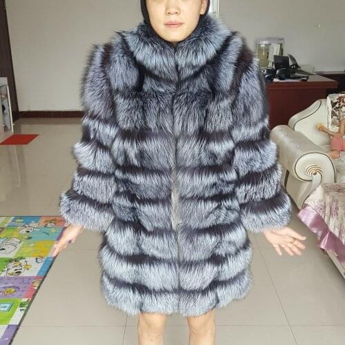 New silver fox fur coat coat 80 cm long warm winter silver fox fur jacket Chinese collar fox fur coat