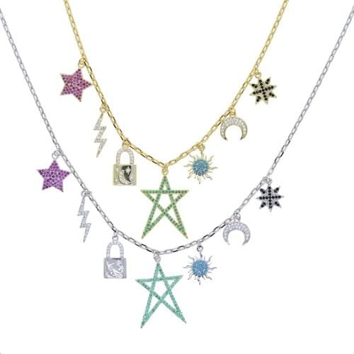 Top Quality Fashion Women Lady Jewelry Colorful CZ Paved Star Lightning Lock Sun Lucky Multi Charms Necklace