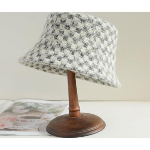 Fashion Bucket Hats For Women Autumn Winter Flat Top Panama Hat Plaid Casual Soft Wool Hat Sun Protection Sunhat Female Cap