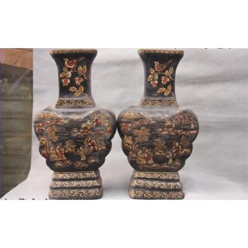 Song voge gem S0143 16 Chinese Palace exquisite old wood wucai Flower Bird painted Bottle Vase pair