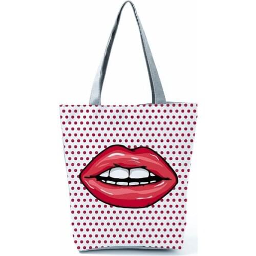 Sexy Red Lips Pattern Printed Handbags With Zipper Eco Shopping Bag Large Outdoors Packs Lady Fashion All-Match Shoulder Bags