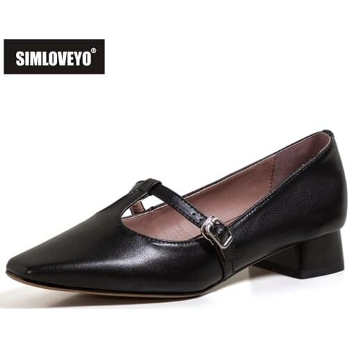 SIMLOVEYO New 2021 Ladies Flat Shoes Square Toe Buckle Classic British Genuine Leather Student Big Size 33-43 Casual B2404