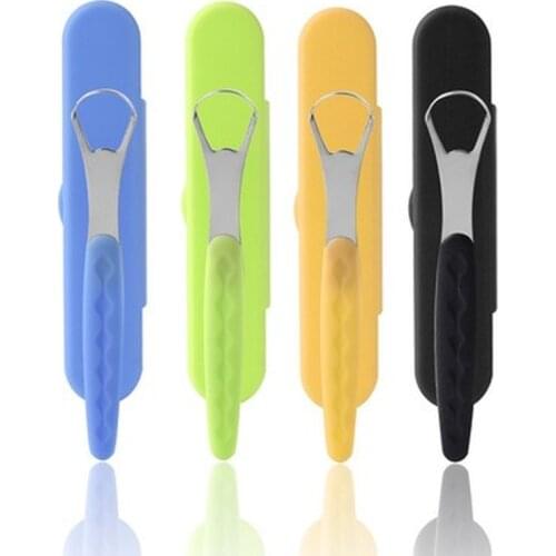 Portable Tongue Cleaner Tongue Scraper Reusable Stainless Steel Oral Mouth Brush Travel Case Black/Blue/Green Non-slip Handle