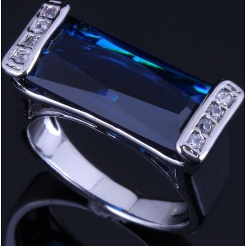 Stylish Rectangle Blue Cubic Zirconia White CZ Silver Plated Ring V0651
