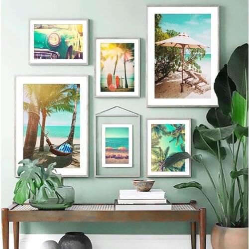 Tropical Plants Leaves Poster Beach Surfboard Coconut Tree Landscape Canvas Painting Hammock Car Cuadro Wall Art Summer Decor
