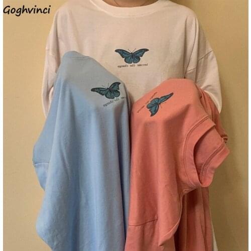 Butterfly-print Short Sleeve T-shirts Women O-neck Students Loose Tshirts Preppy Style All-match Fashion Ulzzang Chic Tops Mujer