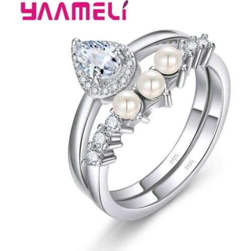 Top Quality Ring Sets For Women 925 Sterling Silver Water Drop CZ Rings with 3 Round White Freshwater Pearl Big Sale