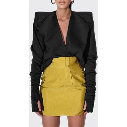 Women Shirt Lady Top Deep V Neck Solid Color Western Right Shoulder fashion woman blouses 2021 for Autumn top women