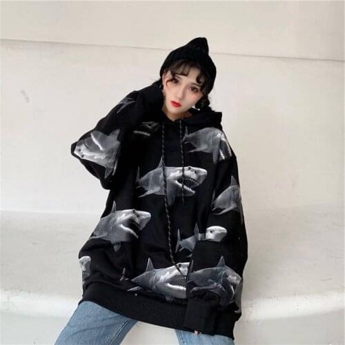 Harajuku Shark Cool Printed Hooded Oversized Loose Long Sleeve White Ulzzang Streetwear Females Animal Hoodie High Street Women