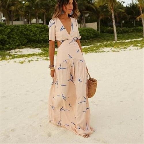 Womens Summer Bohemian Print Long Beach Dress Holiday Sexy V-neck Short Sleeve Casual Dress Loose Cool Beach Dress