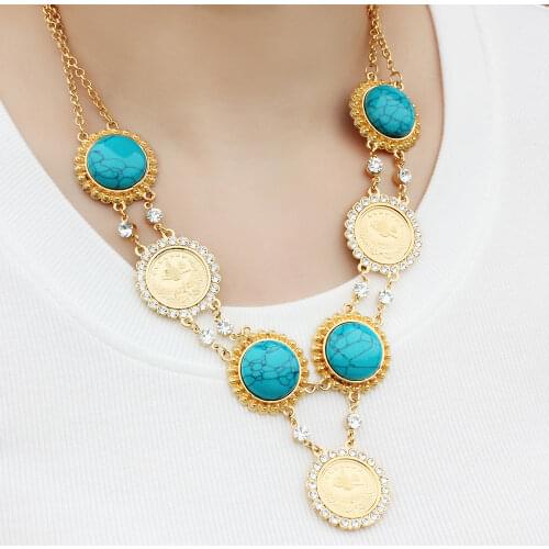 Sapphire Crystal Coin Pendant Necklace Islamic Muslim Arab Middle East Women Banquet Exquisite Luxury Jewelry Gift Wholesale