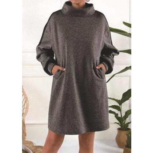 Oversized Loose Casual Ladies Short Dress Long Sleeve Autumn Turnleneck High Neck Solid Color Large Size Straight Women Dresses