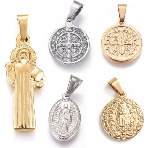 10pc 304 Stainless Steel Flat Round Cross Pendant God Father Religious Christian for Jewelry Necklace Pendants