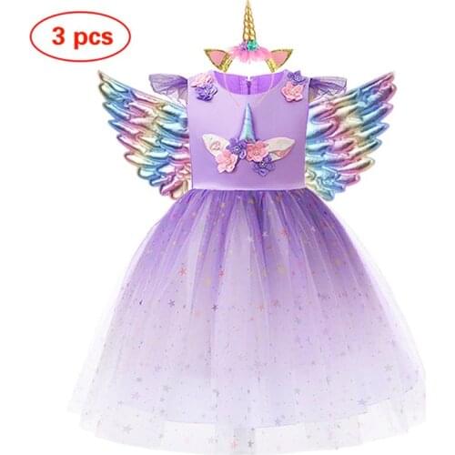 2021 Spring Summer New Children Clothing Unicorn Gradient Color Dress Wedding Princess Dress Girls Birthday Party Evening Dress