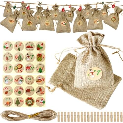 24sets Christmas Advent Calendar Bags Gift Wrapping Linen Bags Hanging Candy Gift Bags With Clips Stickers Xmas Party Decoration